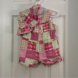 Maggie & Zoe Baby Girl Pink and Green Patchwork Romper with Matching Bucket Hat